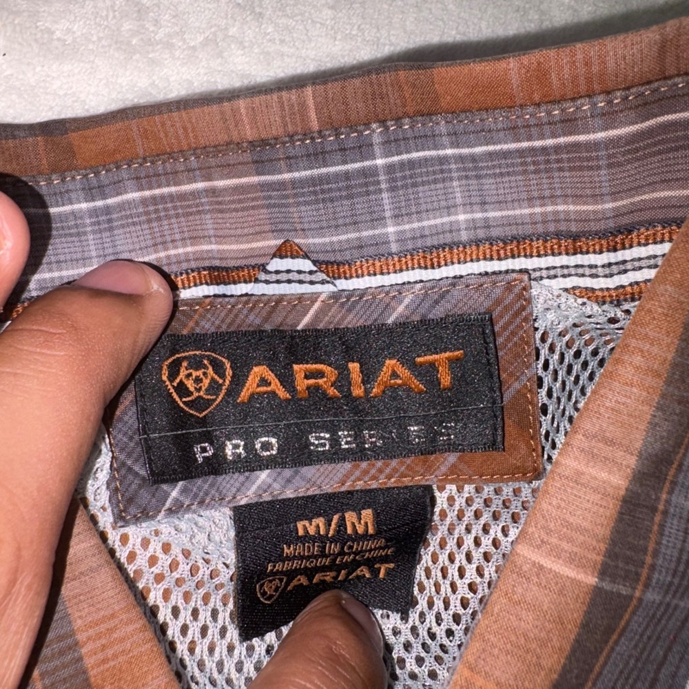 ARIAT Pro Series Button Down Mens Medium Brown Plaid Western Vented Shirt - Picture 9 of 14